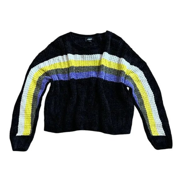 Express Black Color Block Stripe Chenille Sweater S - Picture 2 of 5